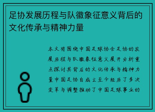 足协发展历程与队徽象征意义背后的文化传承与精神力量