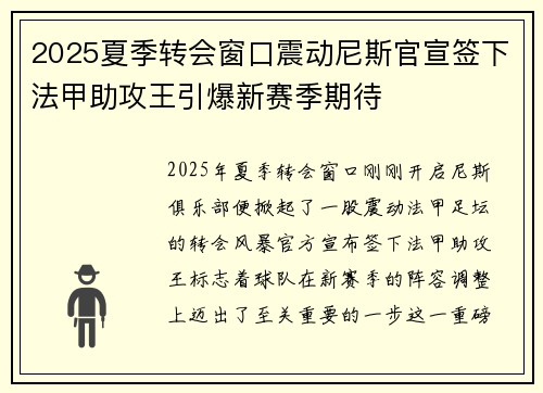 2025夏季转会窗口震动尼斯官宣签下法甲助攻王引爆新赛季期待